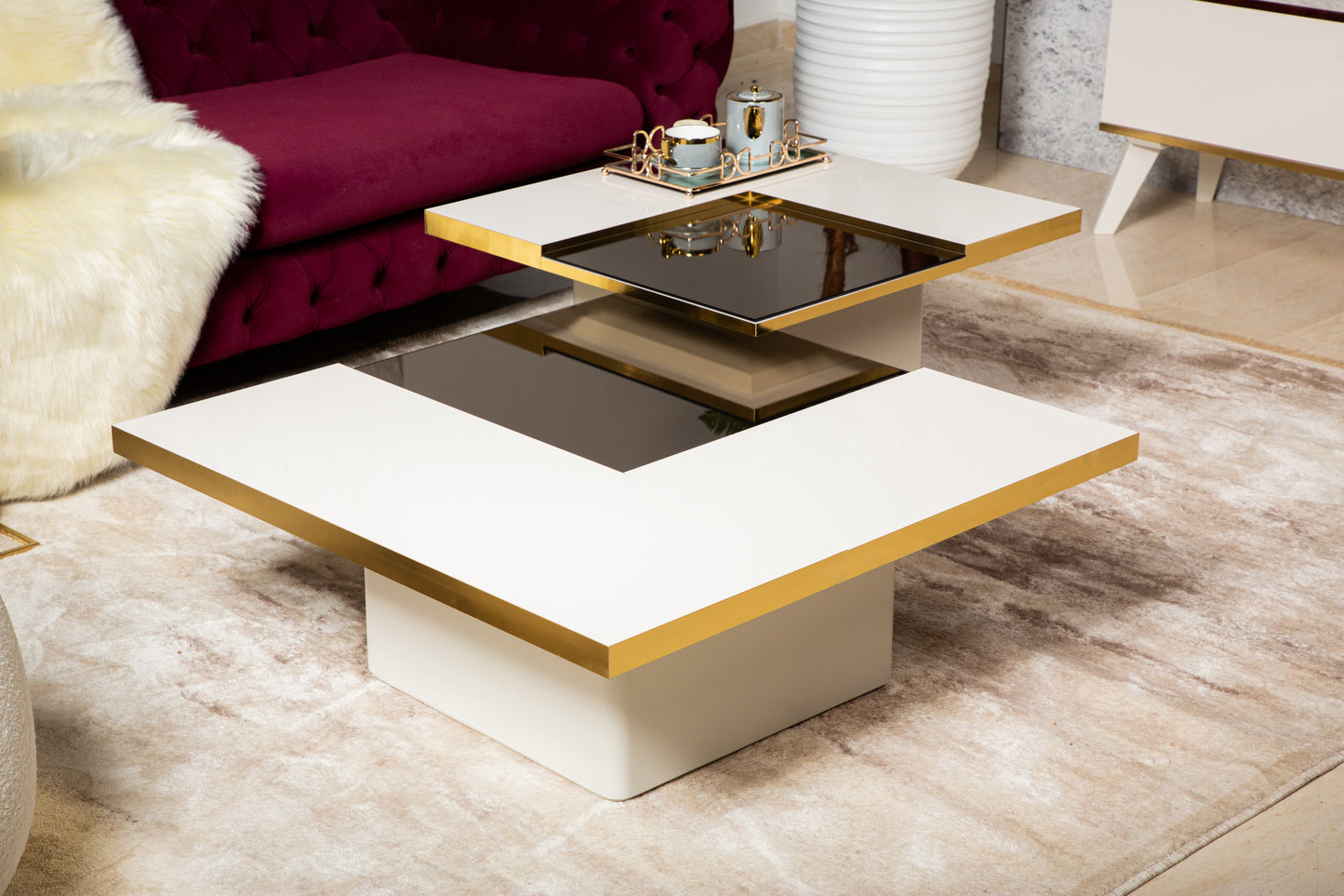 Warm wood coffee table with natural grain and ample surface space