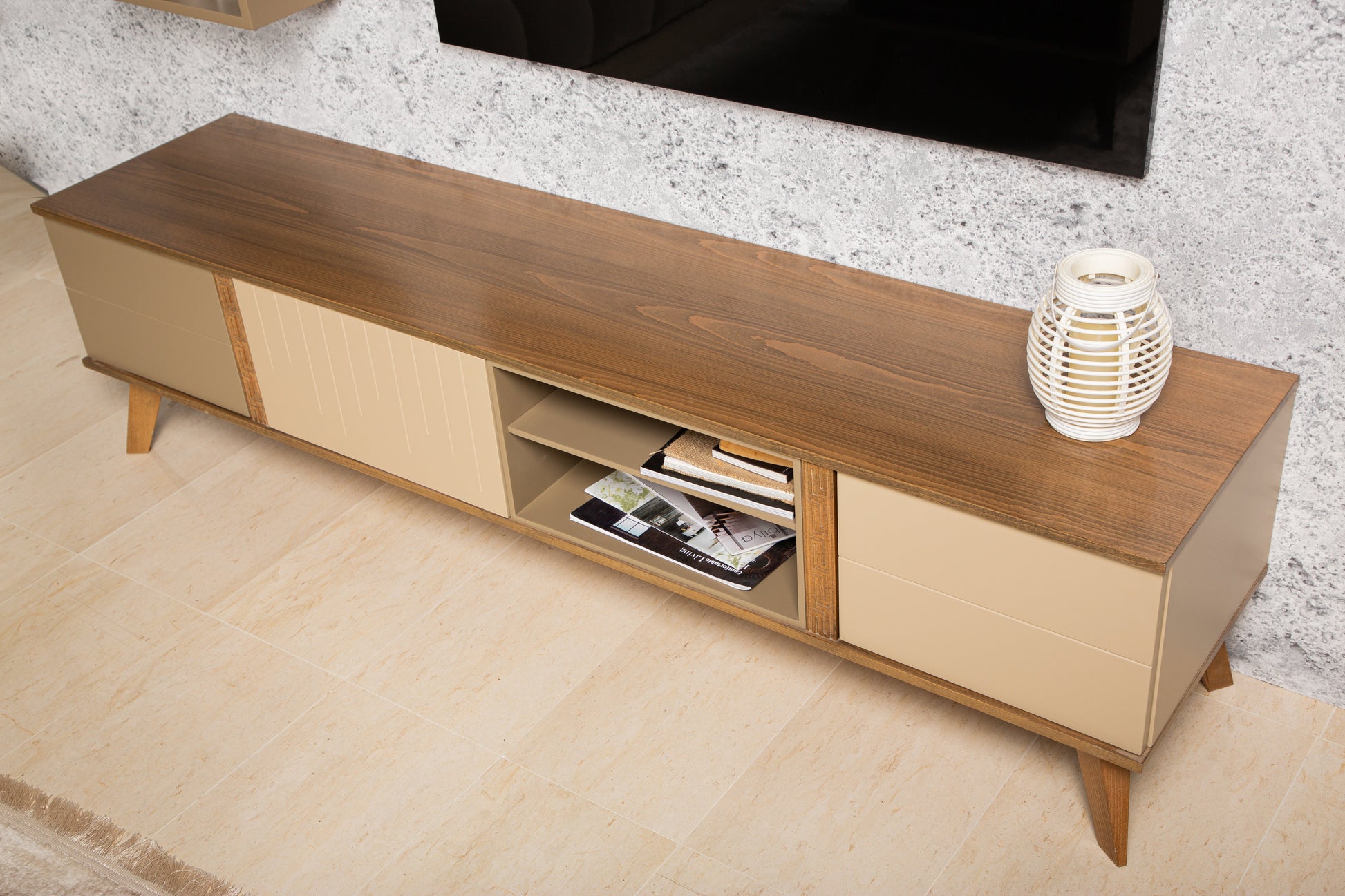 TV stand with floating shelves and cable management.
