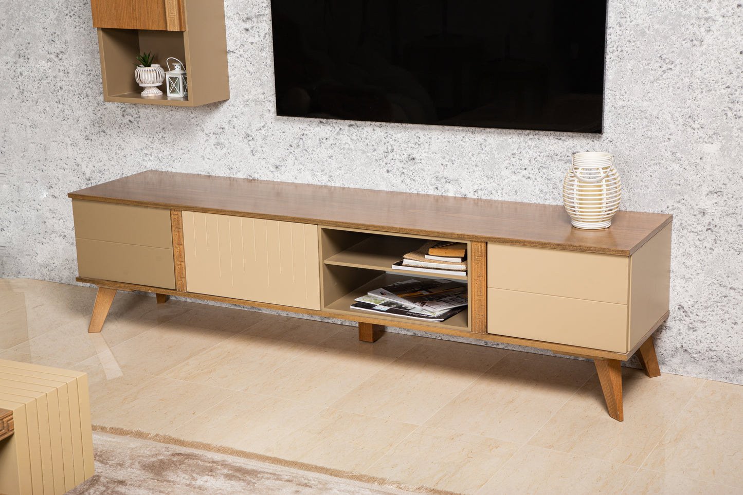 TV stand with floating shelves and cable management.
