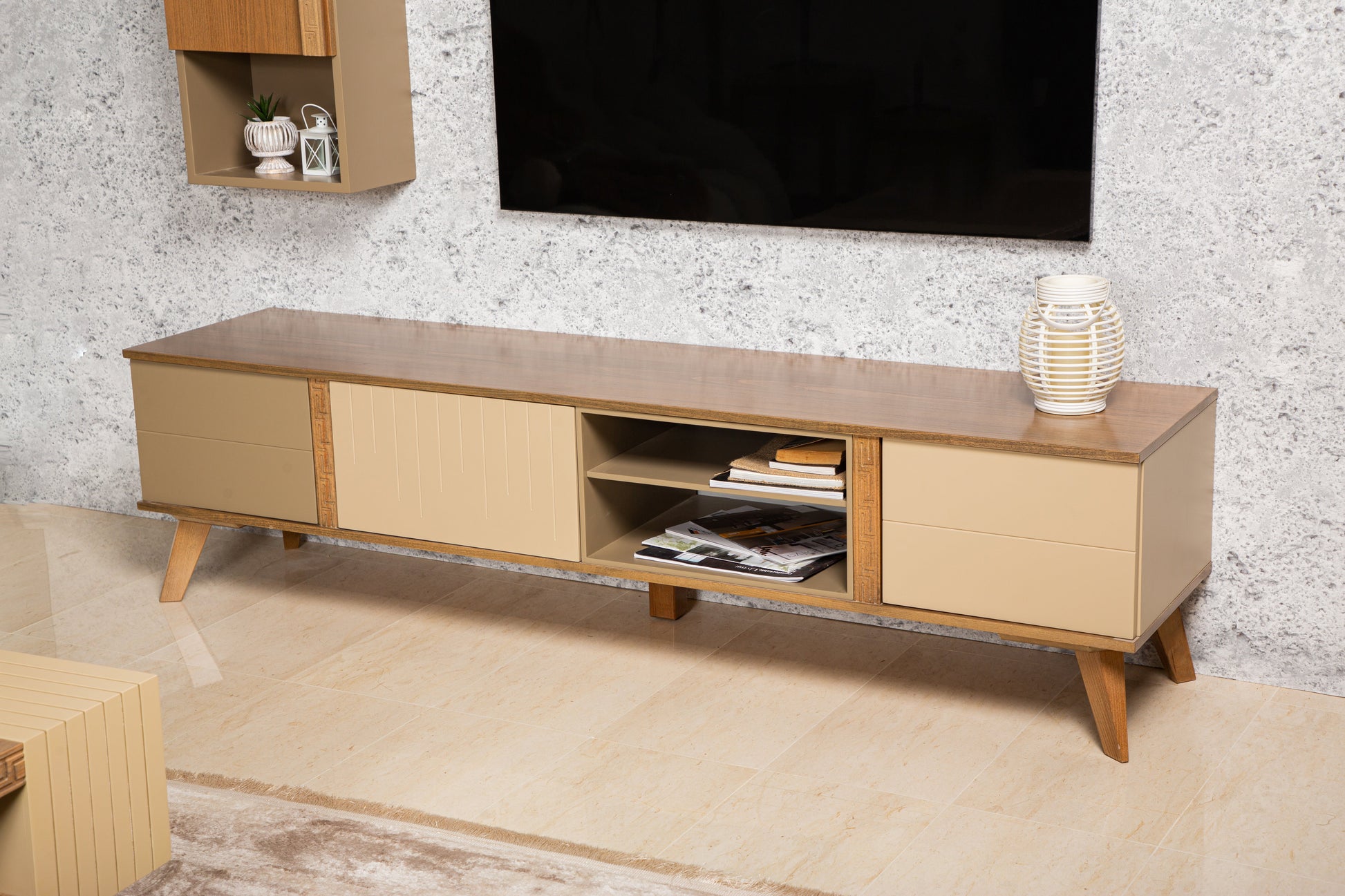 TV stand with floating shelves and cable management.