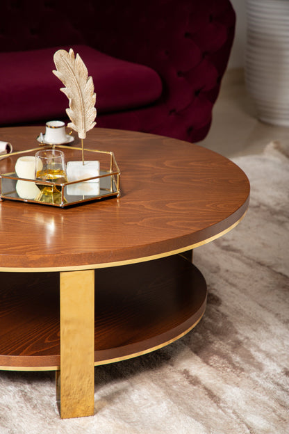 Warm wood coffee table with natural grain and ample surface space