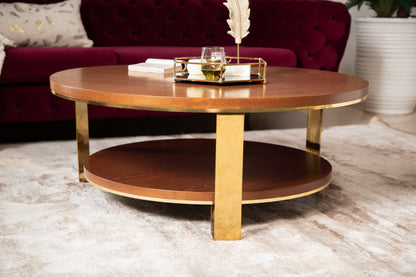 Warm wood coffee table with natural grain and ample surface space