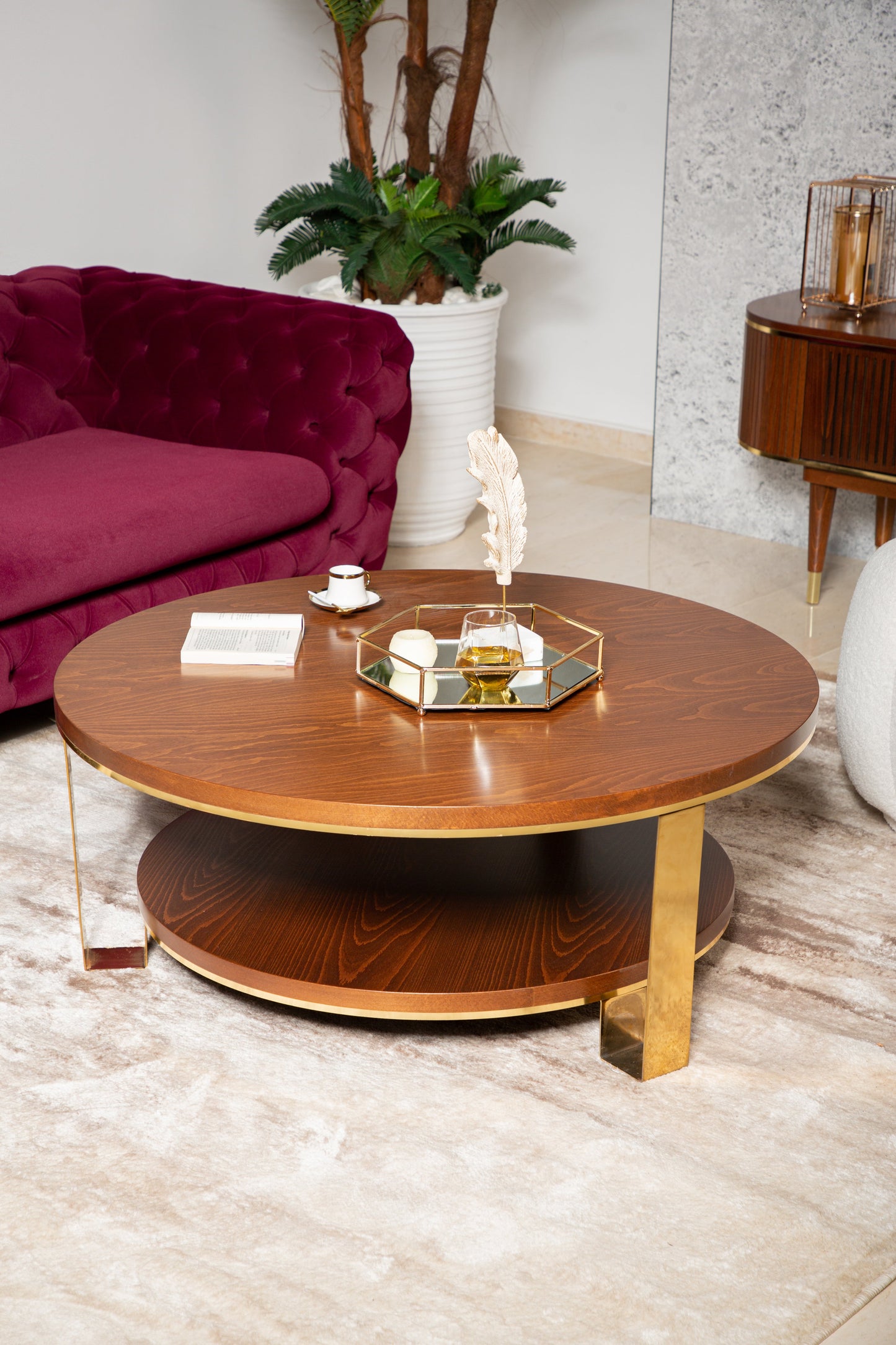 Warm wood coffee table with natural grain and ample surface space