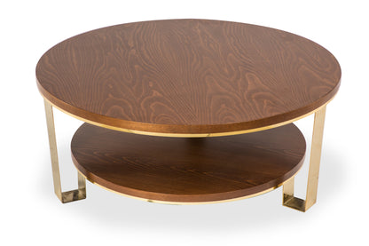 Warm wood coffee table with natural grain and ample surface space