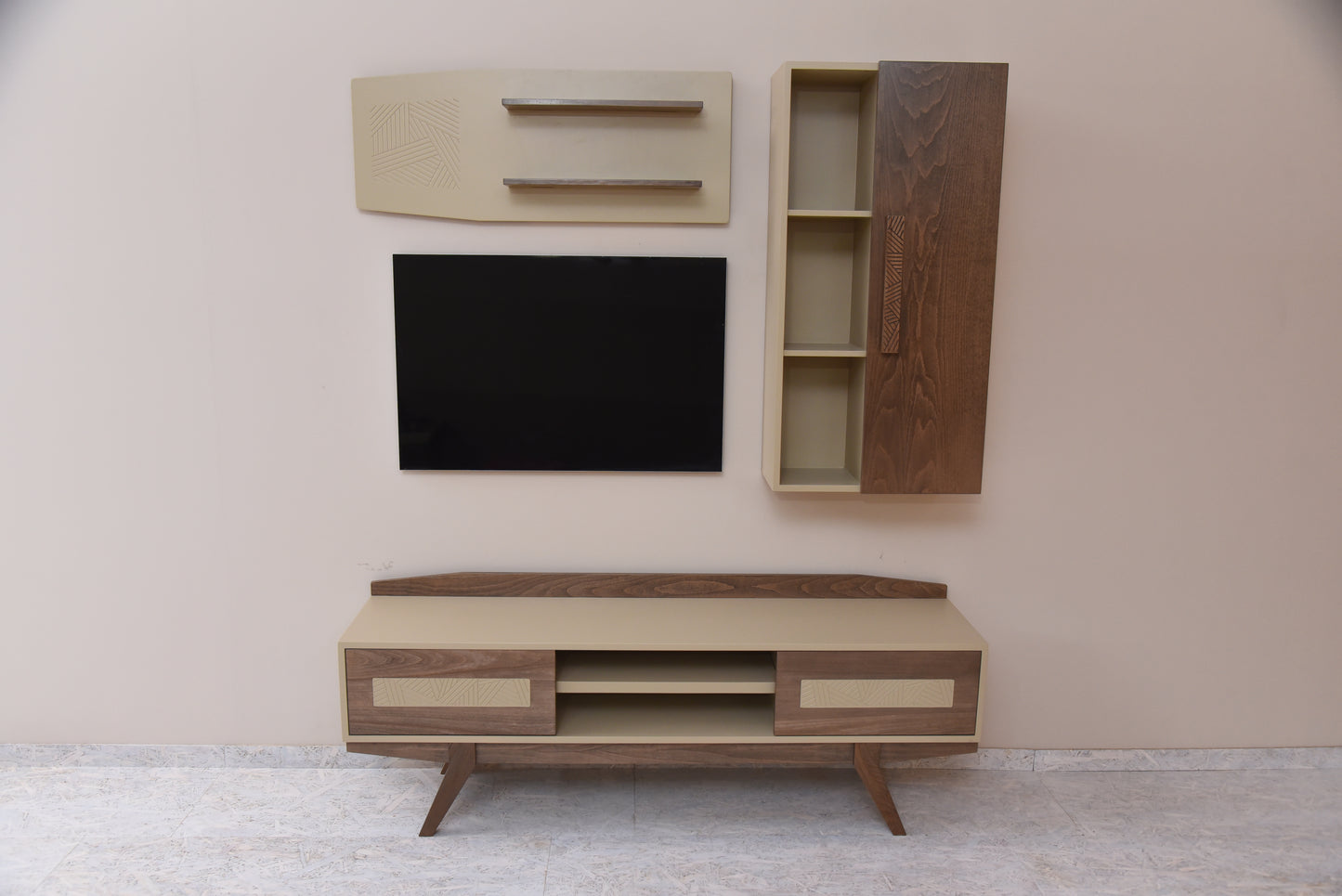 Space-saving corner TV stand with built-in fireplace