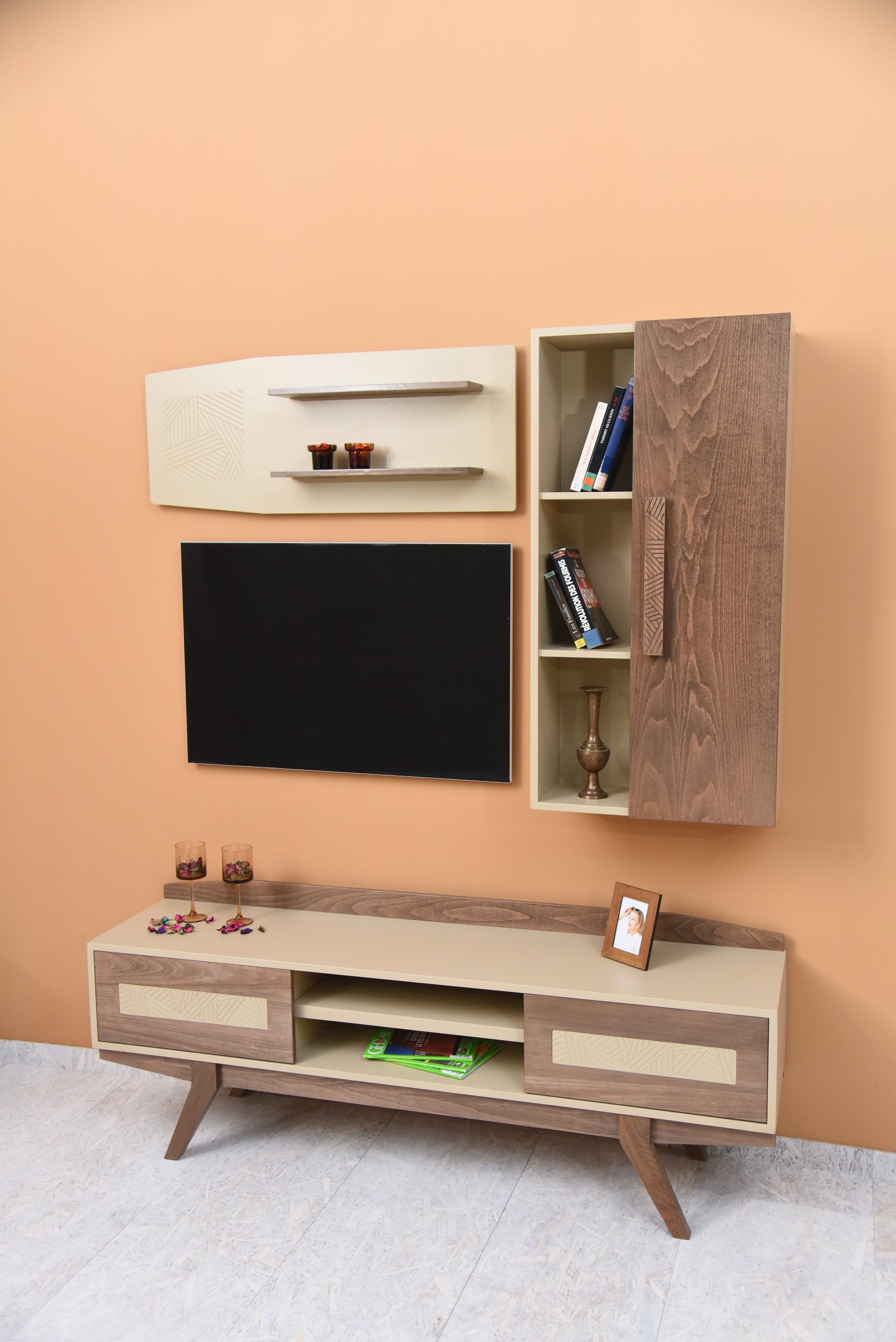 Space-saving corner TV stand with built-in fireplace