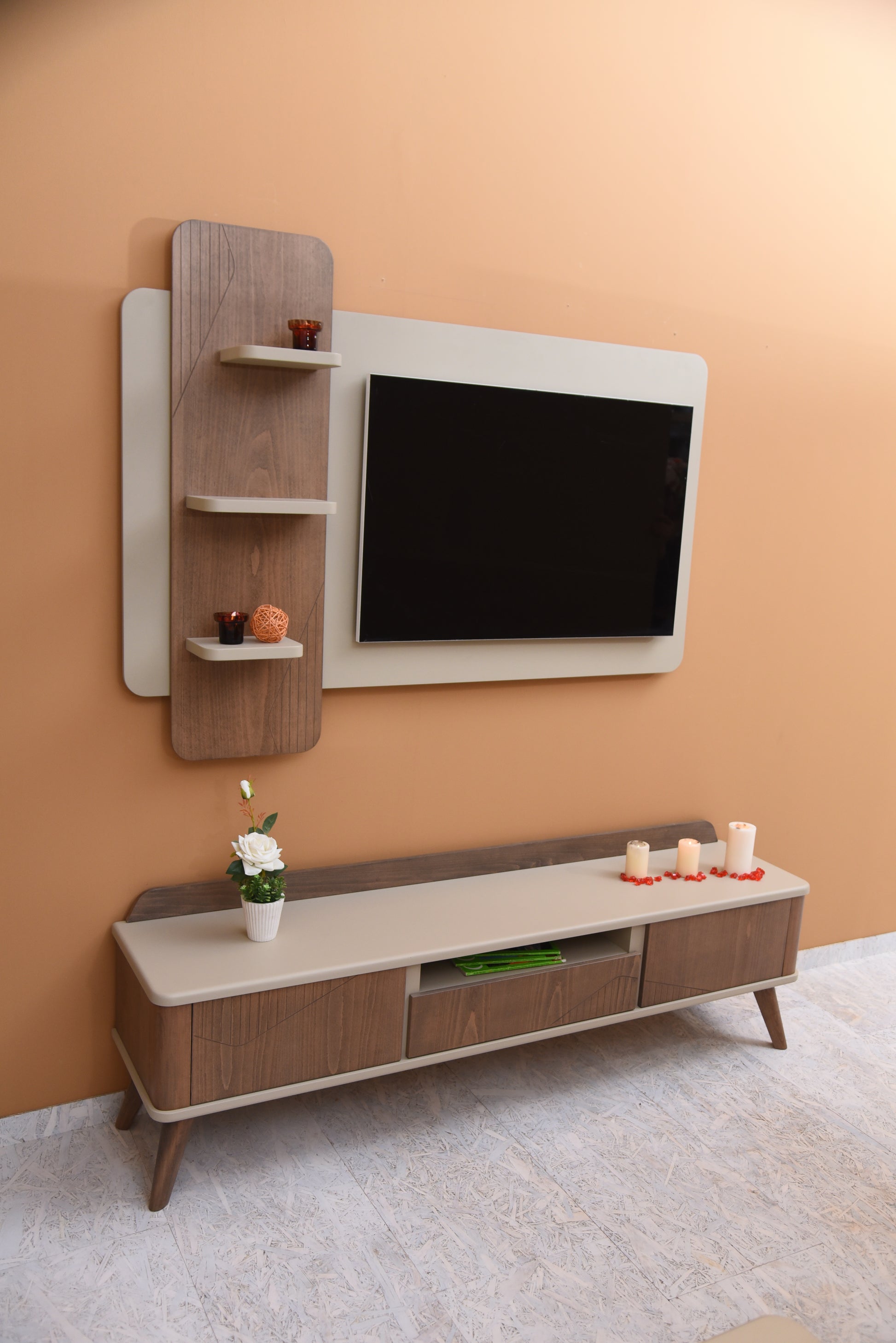 TV stand with floating shelves and cable management