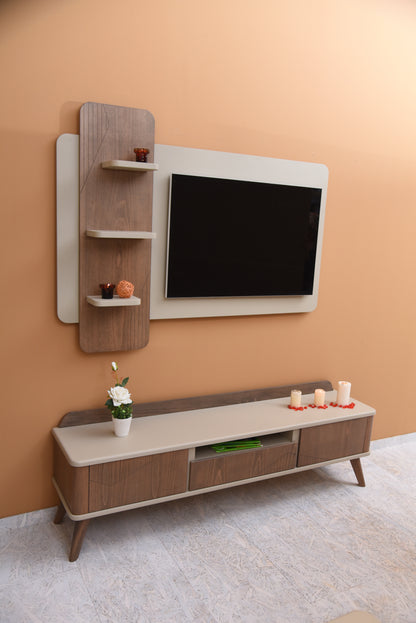 TV stand with floating shelves and cable management