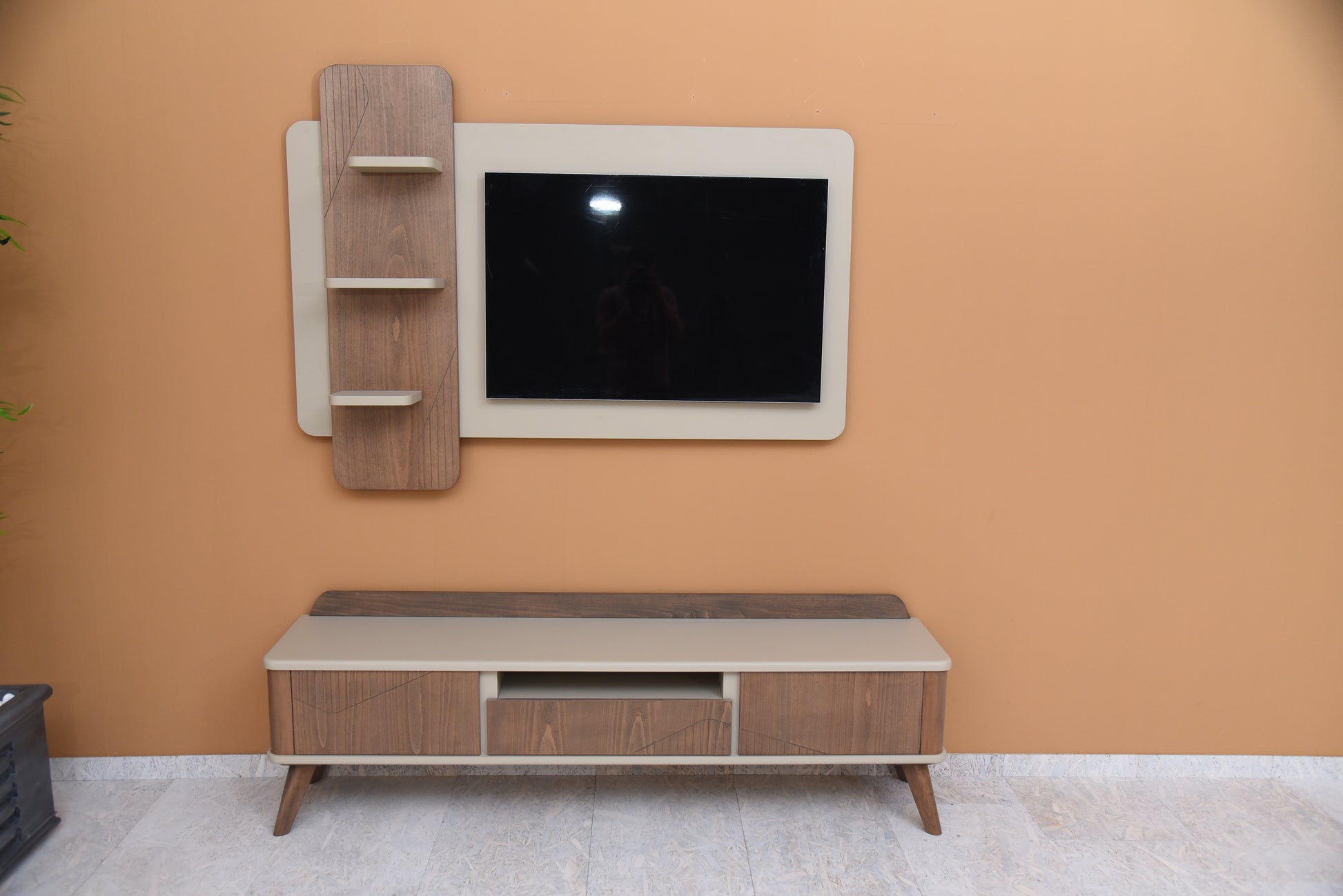 TV stand with floating shelves and cable management