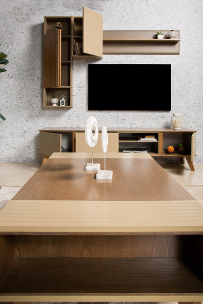  TV stand with floating shelves and cable management.