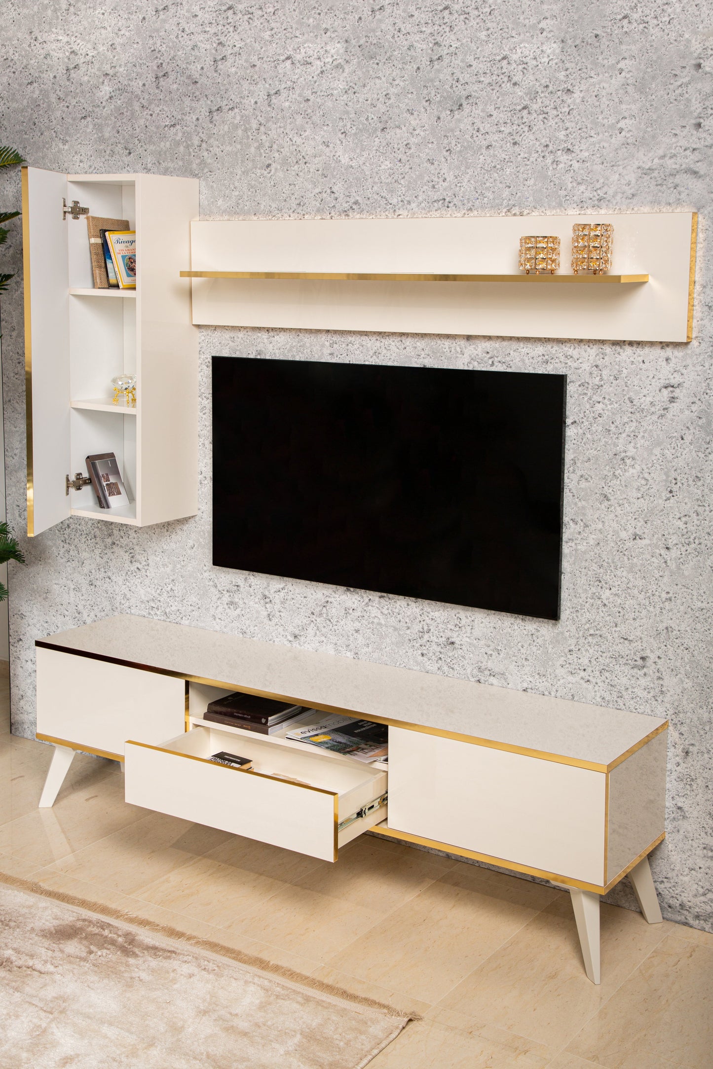 TV stand with floating shelves and cable management