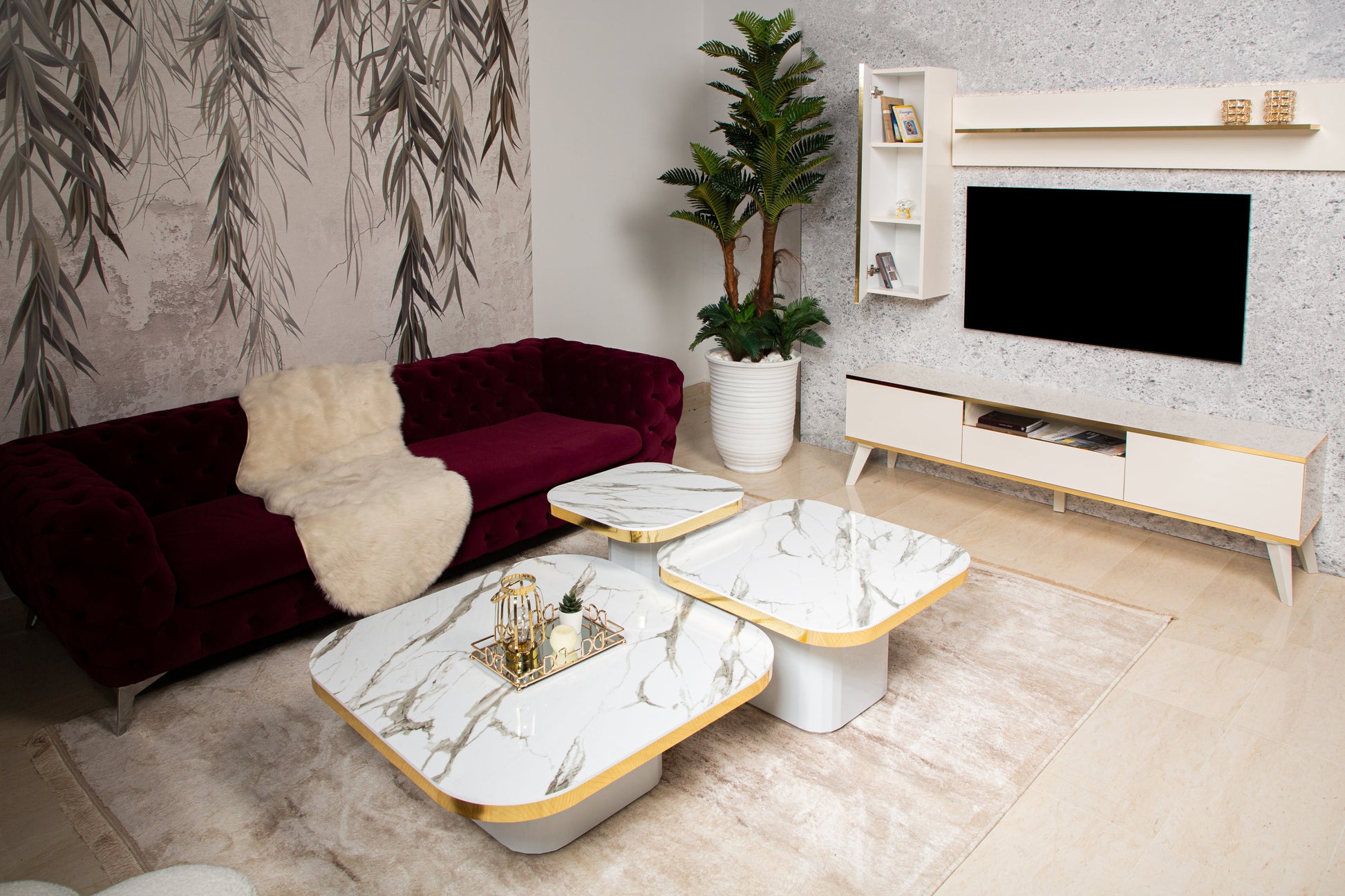 TV stand with floating shelves and cable management