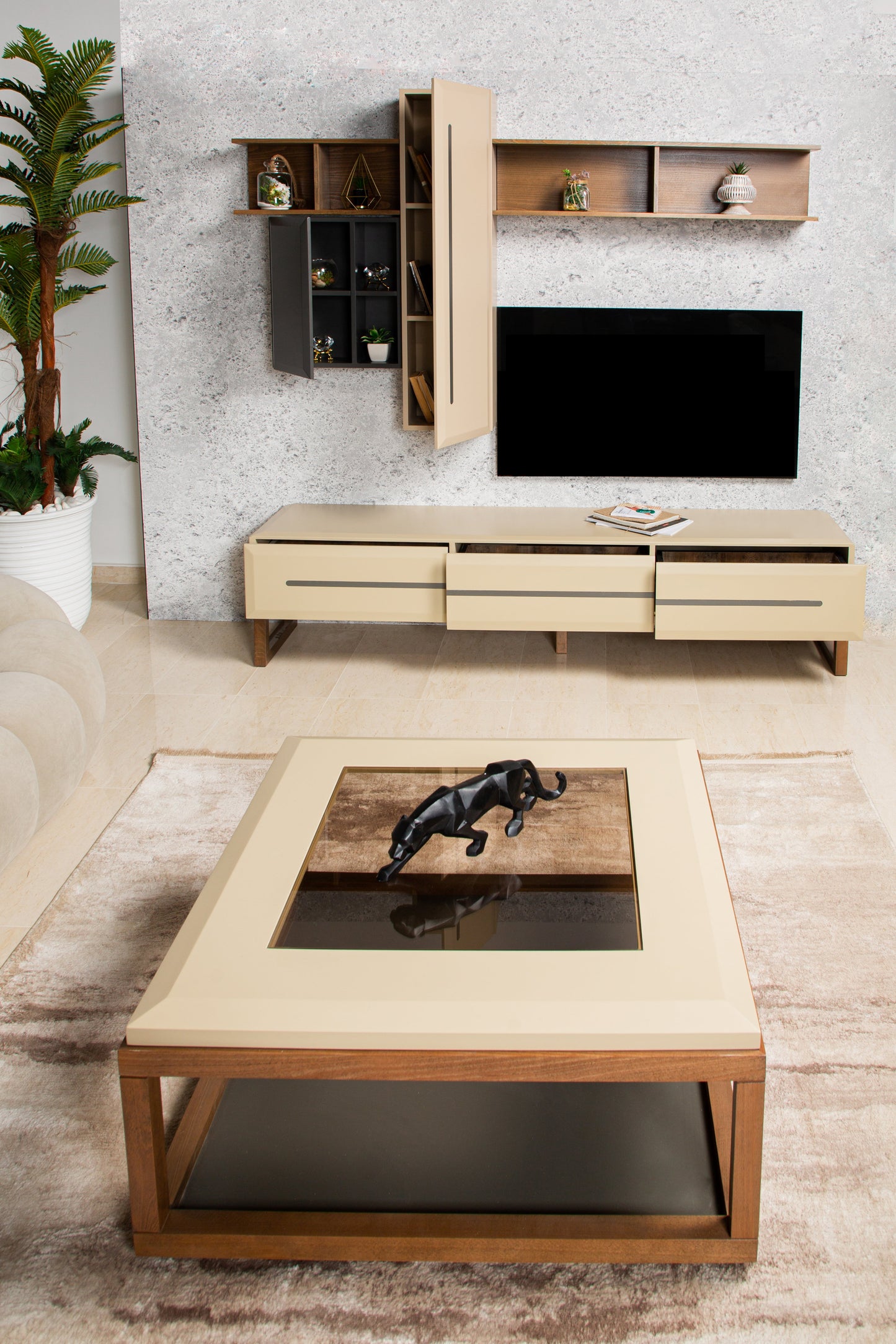 TV stand with floating shelves and cable management.