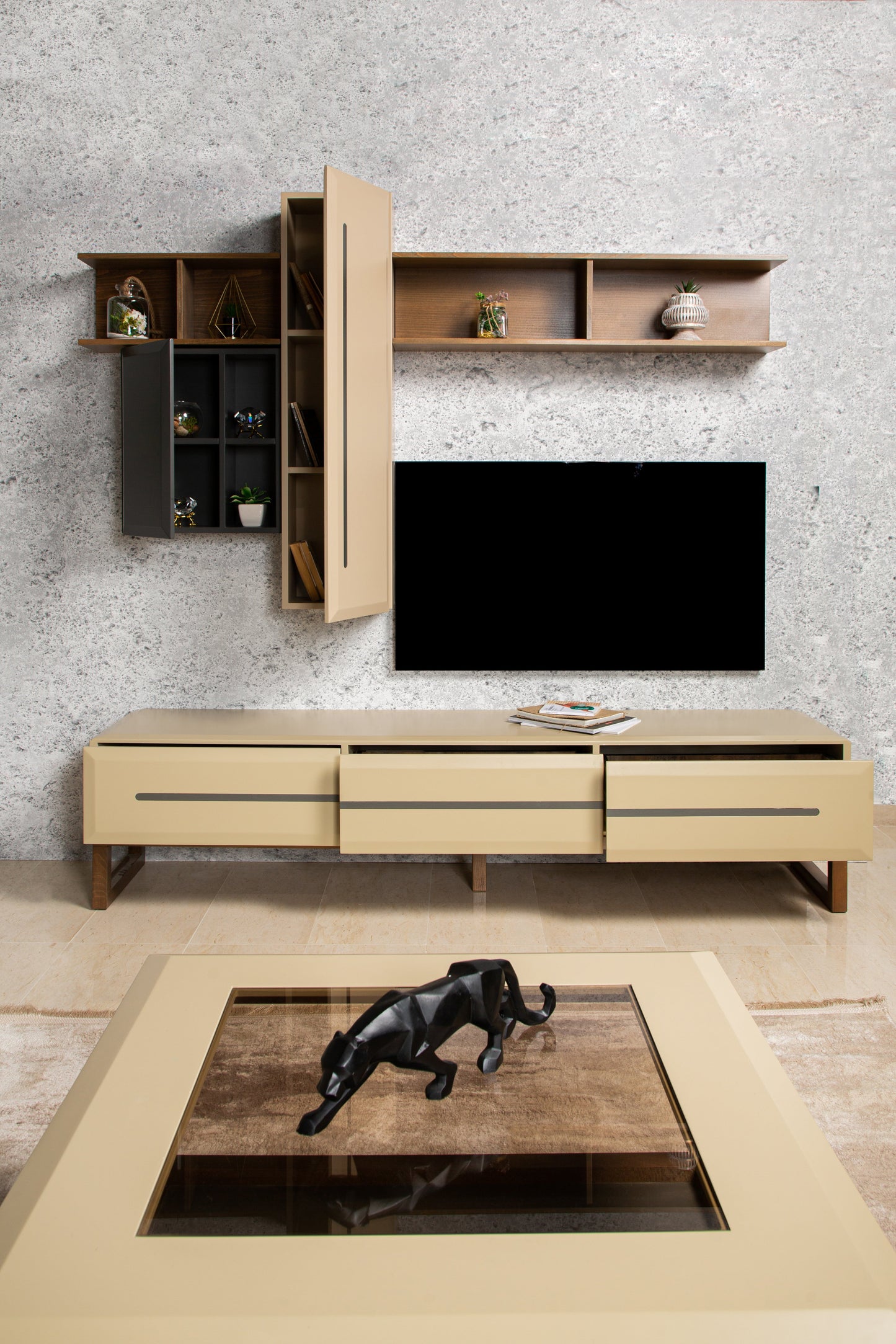 TV stand with floating shelves and cable management.